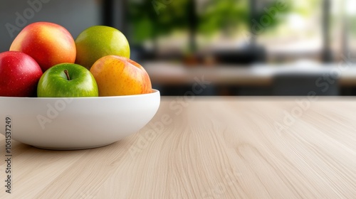A bowl of fresh apples sits on a wooden table, with a blurred background of greenery, AI