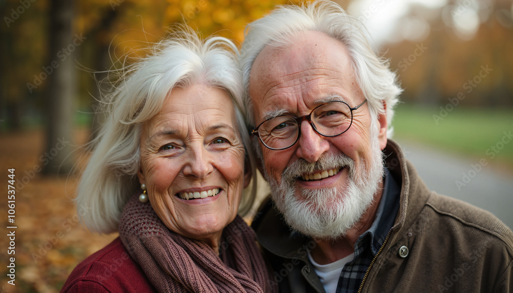 An elderly couple is standing in a park, smiling and looking at the camera. The man is wearing glasses and a jacket and the woman is wearing a red sweater and a scarf. An elderly couple is standing in a park, smiling and looking at the camera. The man is wearing glasses and a jacket and the woman is wearing a red sweater and a scarf.