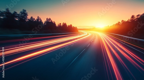 Highway Road Sunset Light Trails  Cars Speeding on Asphalt Road