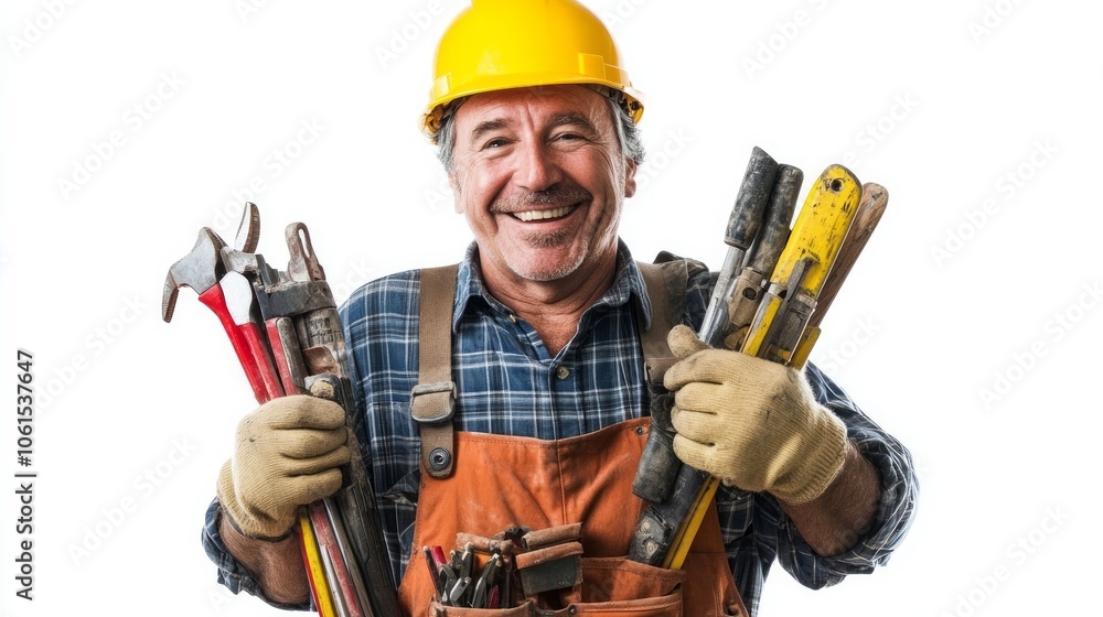 Cheerful construction worker craftsman in working clothes isolated on white background Cheerful construction worker craftsman in working clothes isolated on white background