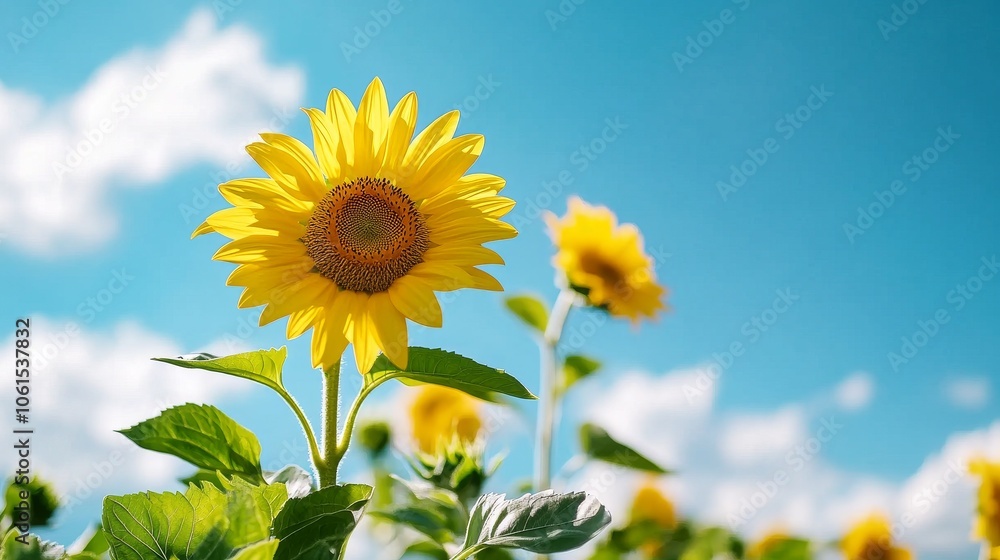 Colorful Flower Field with Tall Sunflowers Against a Bright Blue Sky Colorful Flower Field with Tall Sunflowers Against a Bright Blue Sky