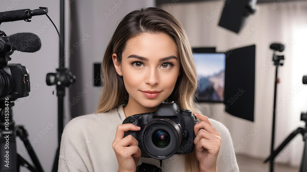 Young female photographer holding a camera on Studio background Young female photographer holding a camera on Studio background