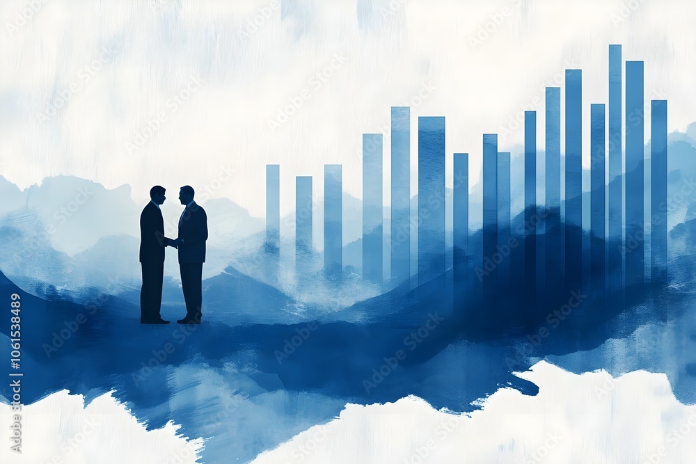 Two men shaking hands in front of a mountain range Two men shaking hands in front of a mountain range