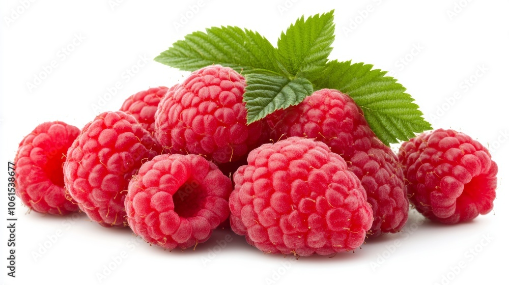 Fresh Red Raspberries with Green Leaves on White Background Fresh Red Raspberries with Green Leaves on White Background