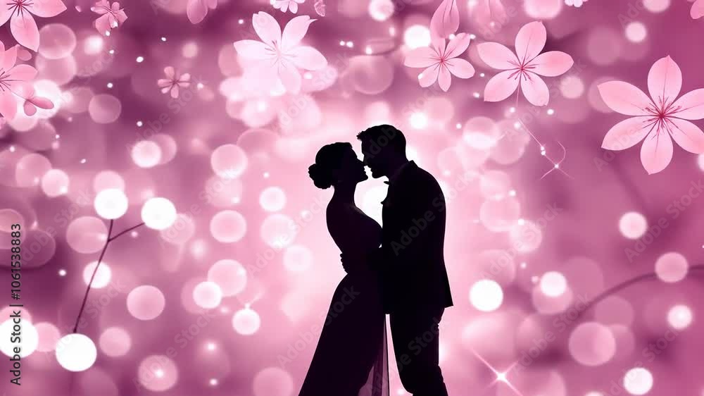 Romantic silhouette of couple kissing pink blossoms Romantic silhouette of couple kissing pink blossoms