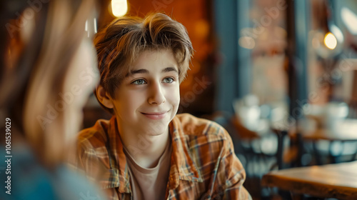 Wallpaper Mural A teenager communicating with his mom in a caf�, smiling. The mom gazes at her son lovingly, amazed at how fast he has grown. Focus is on the boy. Torontodigital.ca