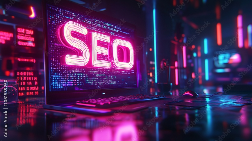 SEO optimization concept with a computer screen showing keyword rankings, organic traffic, and search engine insights in a sleek digital marketing workspace with empty space for text SEO optimization concept with a computer screen showing keyword rankings, organic traffic, and search engine insights in a sleek digital marketing workspace with empty space for text