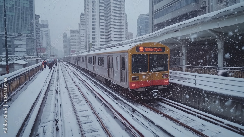 Naklejka premium Train arriving at station during snowfall in city.
