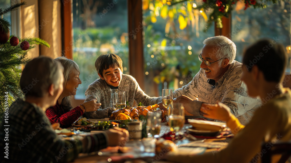 A chosen family of friends enjoying a laid-back Christmas dinner A chosen family of friends enjoying a laid-back Christmas dinner