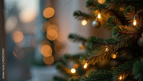 decorated Christmas tree on the side on a blurred background with a side view, close-up, copyspace.