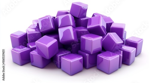 Pile of Glossy Purple Cubes Abstract 3D Design Modern Geometric Shapes White Background