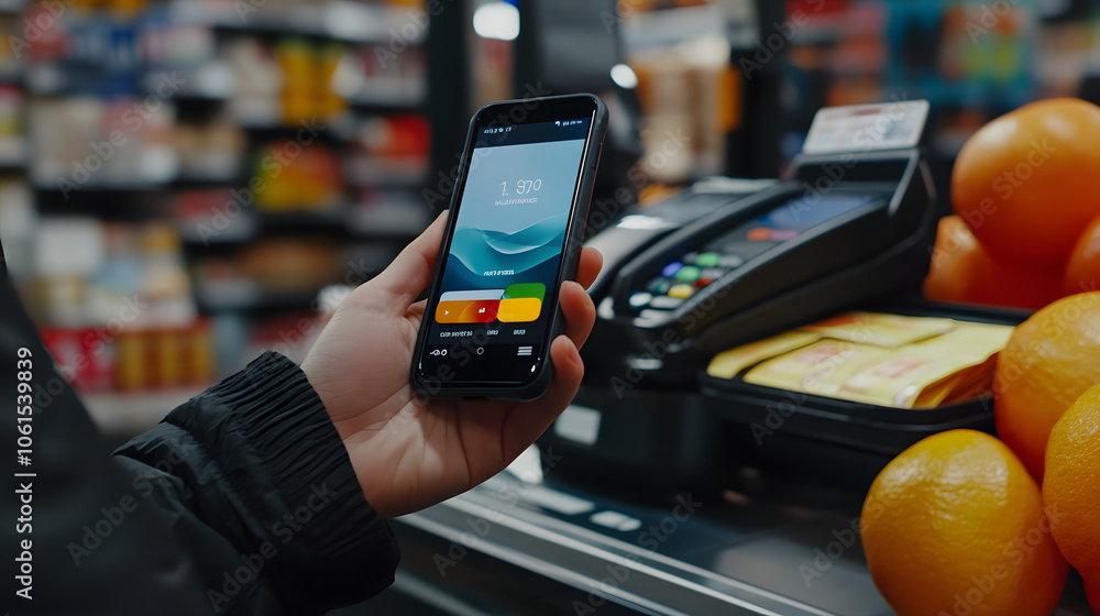 A smartphone being used for mobile payment at a store checkout. A smartphone being used for mobile payment at a store checkout.