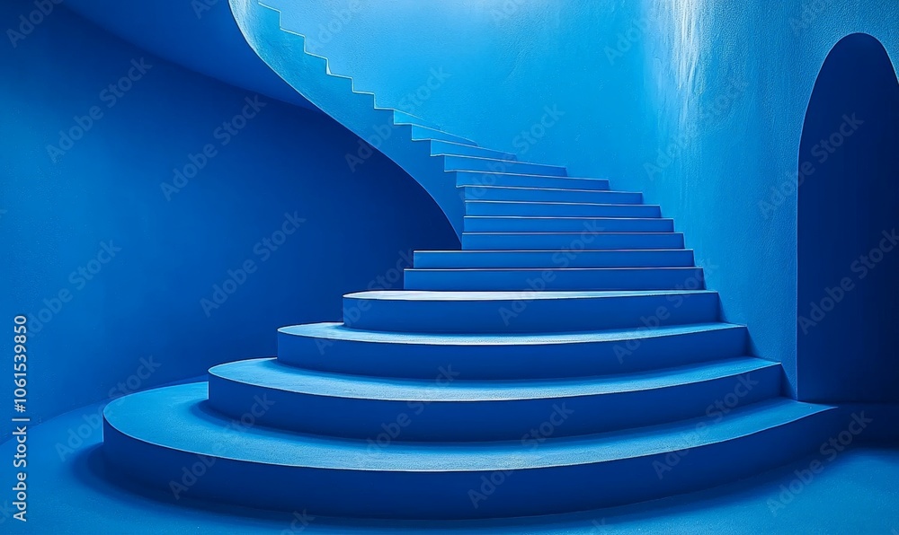 A surreal blue staircase spirals upwards in a minimalist, artistic space. A surreal blue staircase spirals upwards in a minimalist, artistic space.