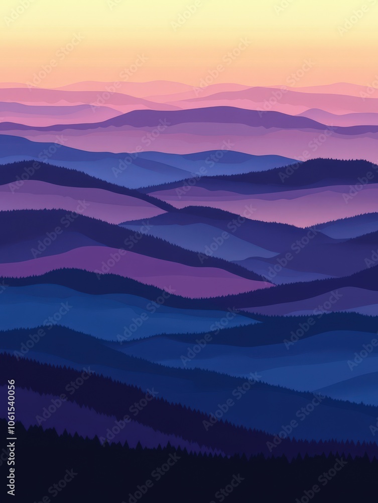 Colorful mountain landscape at dusk with layered hills in harmony Colorful mountain landscape at dusk with layered hills in harmony