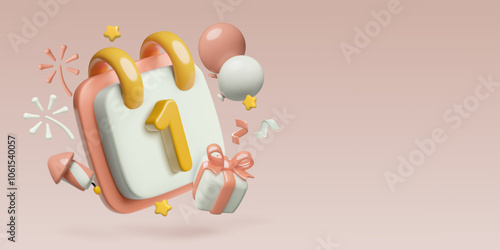 January 1st day of the year 3d calendar background with gift box, fireworks and confetti. New Year, party or birthday celebration reminder.