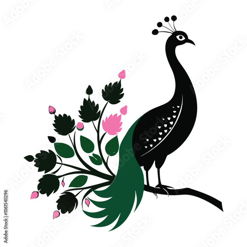 Peacock with brilliant plumage on flower branch Adobe Illustrator Artwork