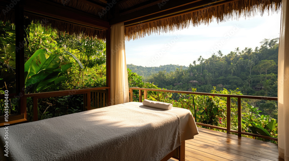 A serene spa room overlooking lush greenery, perfect for relaxation and wellness. A serene spa room overlooking lush greenery, perfect for relaxation and wellness.