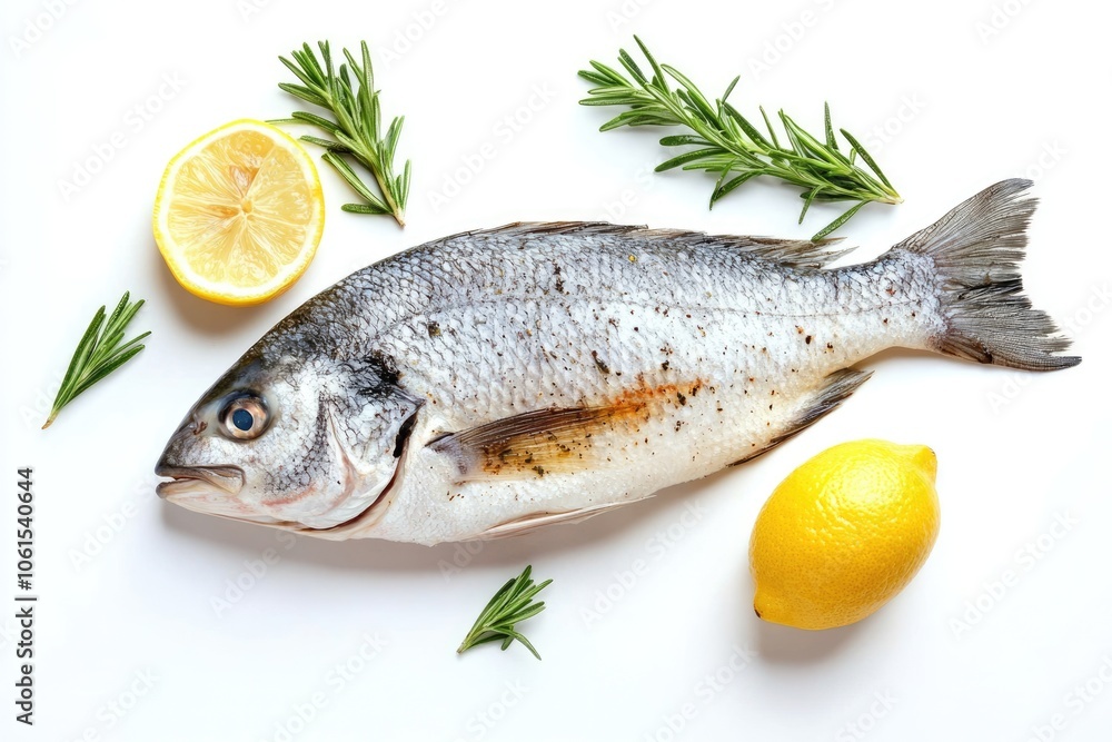 Whole Roasted Dorado Fish with Lemon and Rosemary, Healthy Mediterranean Diet Option Whole Roasted Dorado Fish with Lemon and Rosemary, Healthy Mediterranean Diet Option
