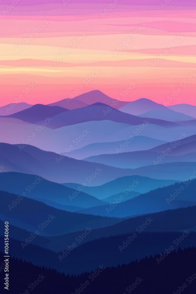 Vibrant sunset over rolling mountains with layered blue hues Vibrant sunset over rolling mountains with layered blue hues