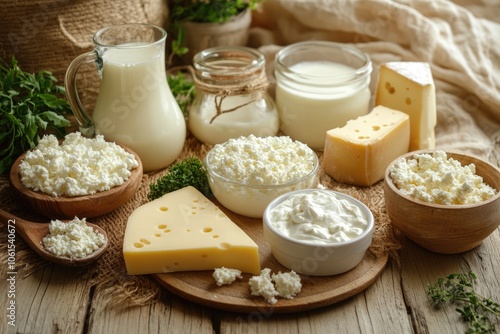 Farm Fresh Dairy Products - A Assortment of Healthy Breakfast Ingredients on Rustic Wooden Table