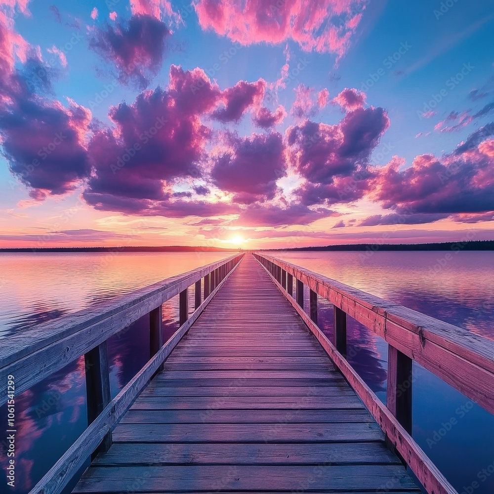 Fototapeta premium Beautiful sunset over tranquil lake from wooden pier at dusk