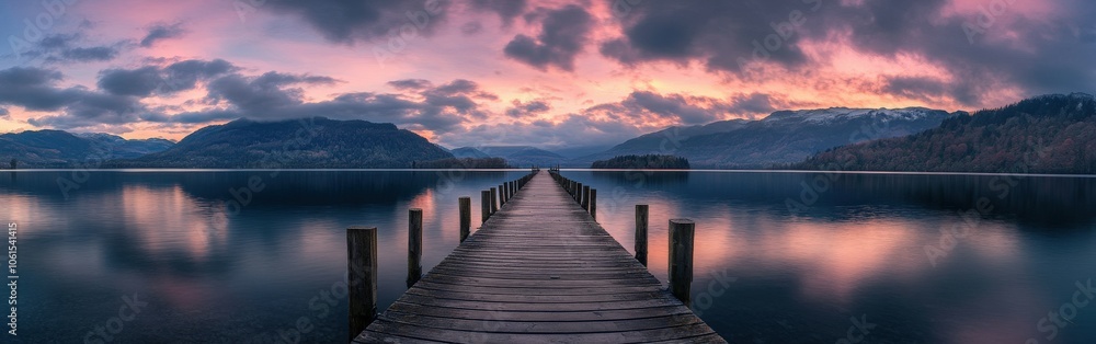 Sunrise over a tranquil lake with a wooden pier extending into the water Sunrise over a tranquil lake with a wooden pier extending into the water