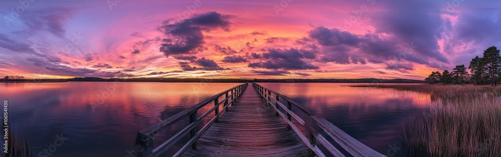 Vibrant sunset over calm lake viewed from a wooden pier at dusk Vibrant sunset over calm lake viewed from a wooden pier at dusk