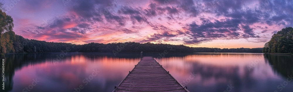 Sunset over tranquil lake with wooden pier surrounded by trees Sunset over tranquil lake with wooden pier surrounded by trees