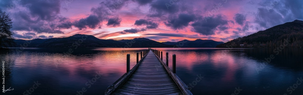 Fototapeta premium Sunset reflections over calm lake with dock surrounded by mountains