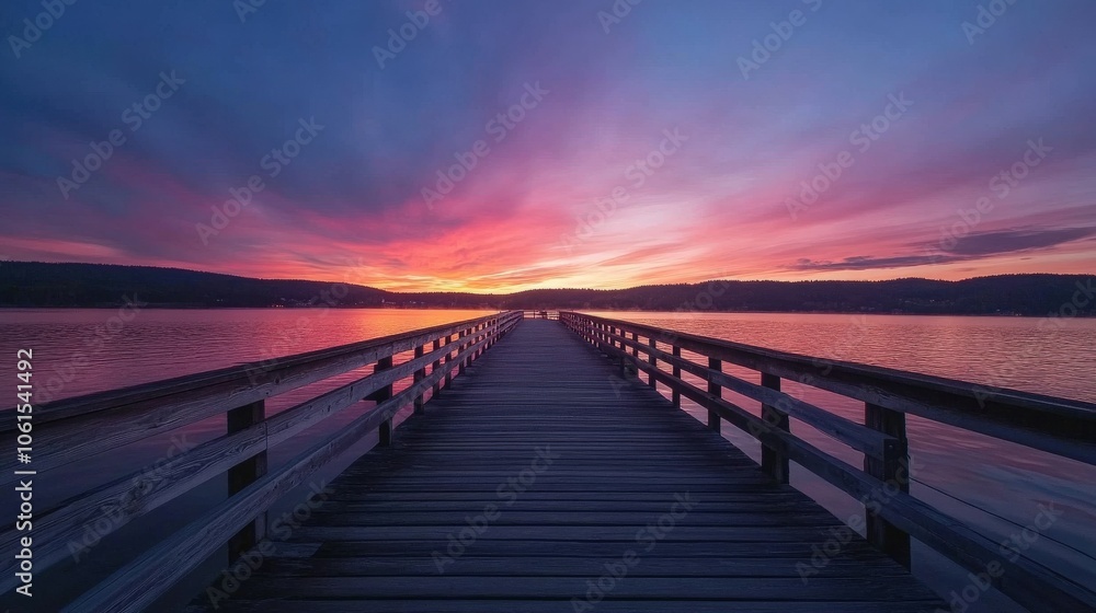 A serene sunset over a tranquil lake viewed from a wooden pier A serene sunset over a tranquil lake viewed from a wooden pier