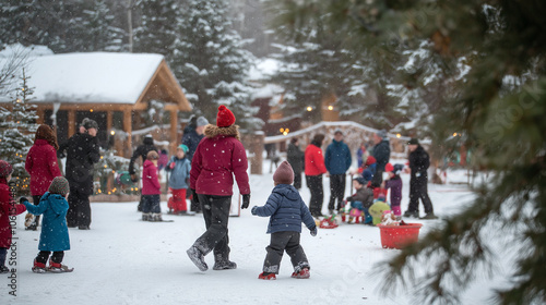 A community Christmas event at a local park, featuring blended families and friends participating in games and activities