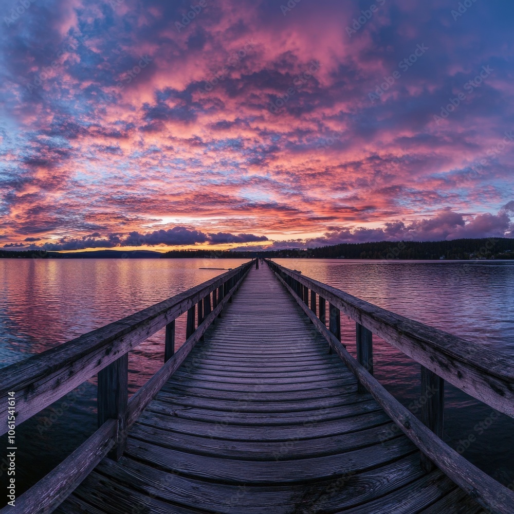 Fototapeta premium Sunset over calm waters at a wooden pier in the evening sky