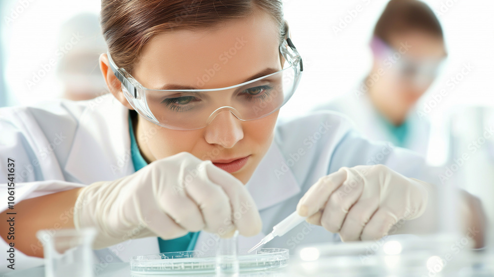 Female scientist using a pipette with petri dishes in lab. Female scientist using a pipette with petri dishes in lab.