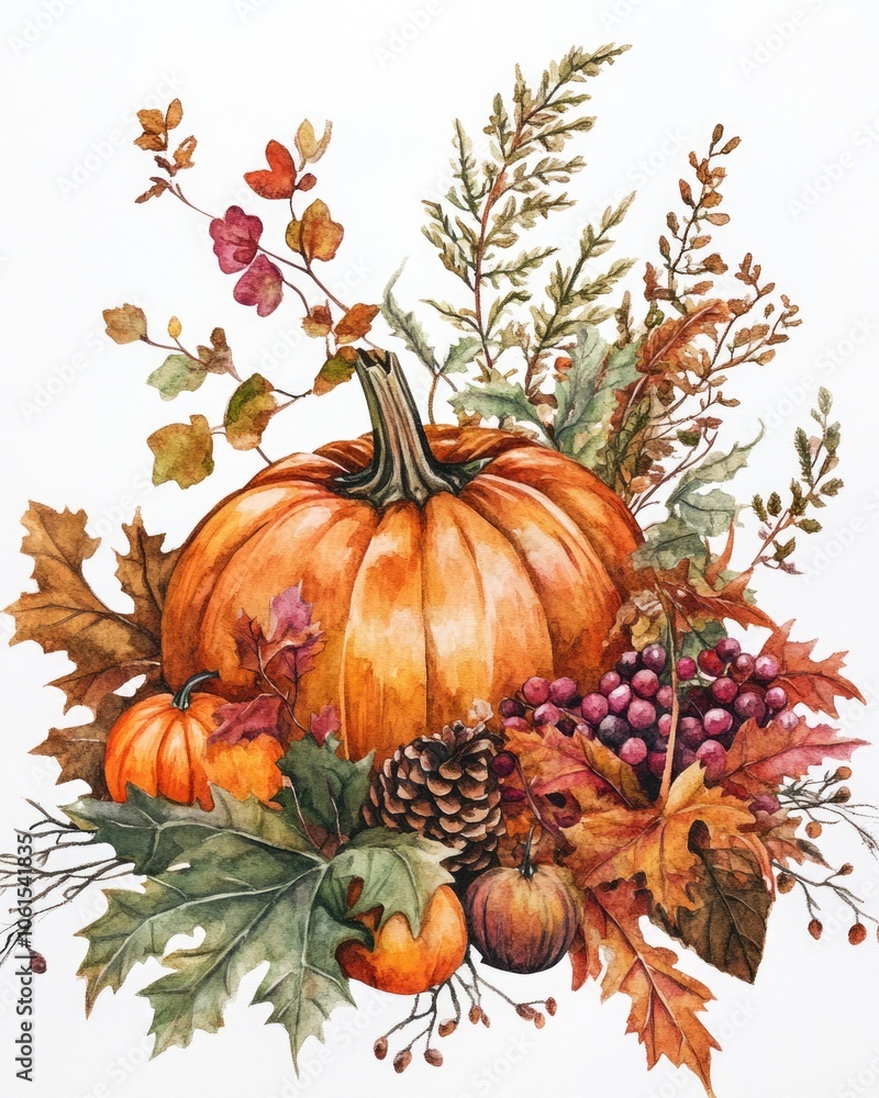 Naklejka premium Nature's Bounty: Watercolor Pumpkin Illustration for Greeting Cards and Artwork