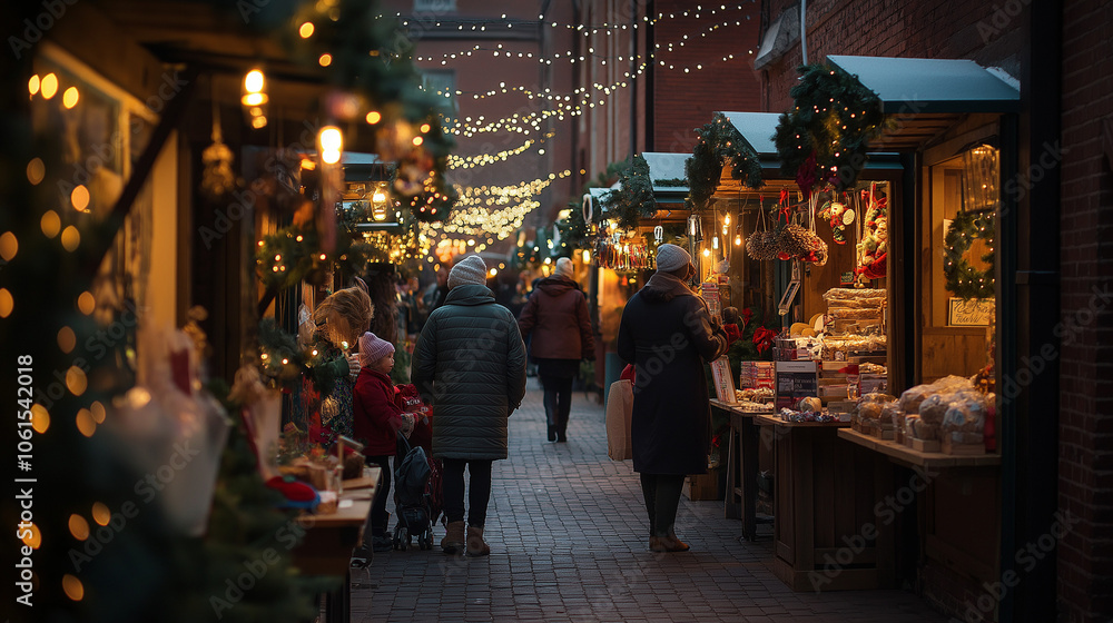 A community holiday market at dusk, with local vendors selling handmade gifts A community holiday market at dusk, with local vendors selling handmade gifts