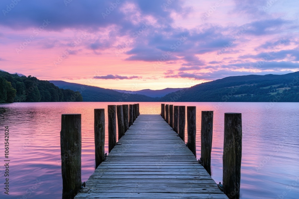 Serene sunset view from a wooden pier by the calm lake Serene sunset view from a wooden pier by the calm lake