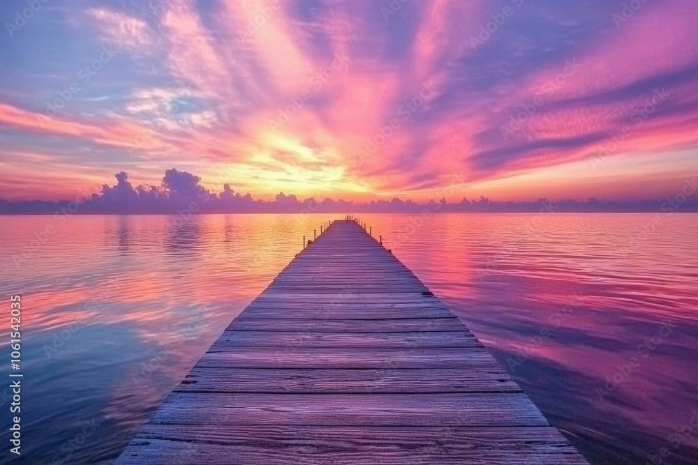 Obraz premium Scenic sunset over tranquil waters from a wooden pier at dusk