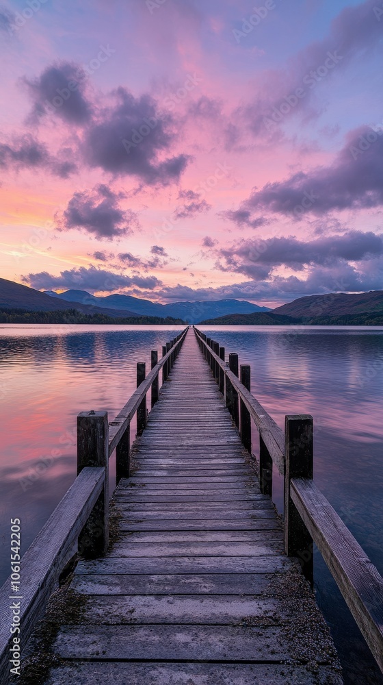 A serene sunset over a tranquil lake with a wooden pier extending A serene sunset over a tranquil lake with a wooden pier extending