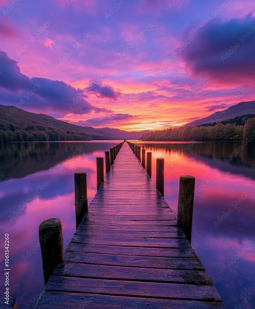 Stunning sunset over calm lake with a wooden pier in serene landscape Stunning sunset over calm lake with a wooden pier in serene landscape