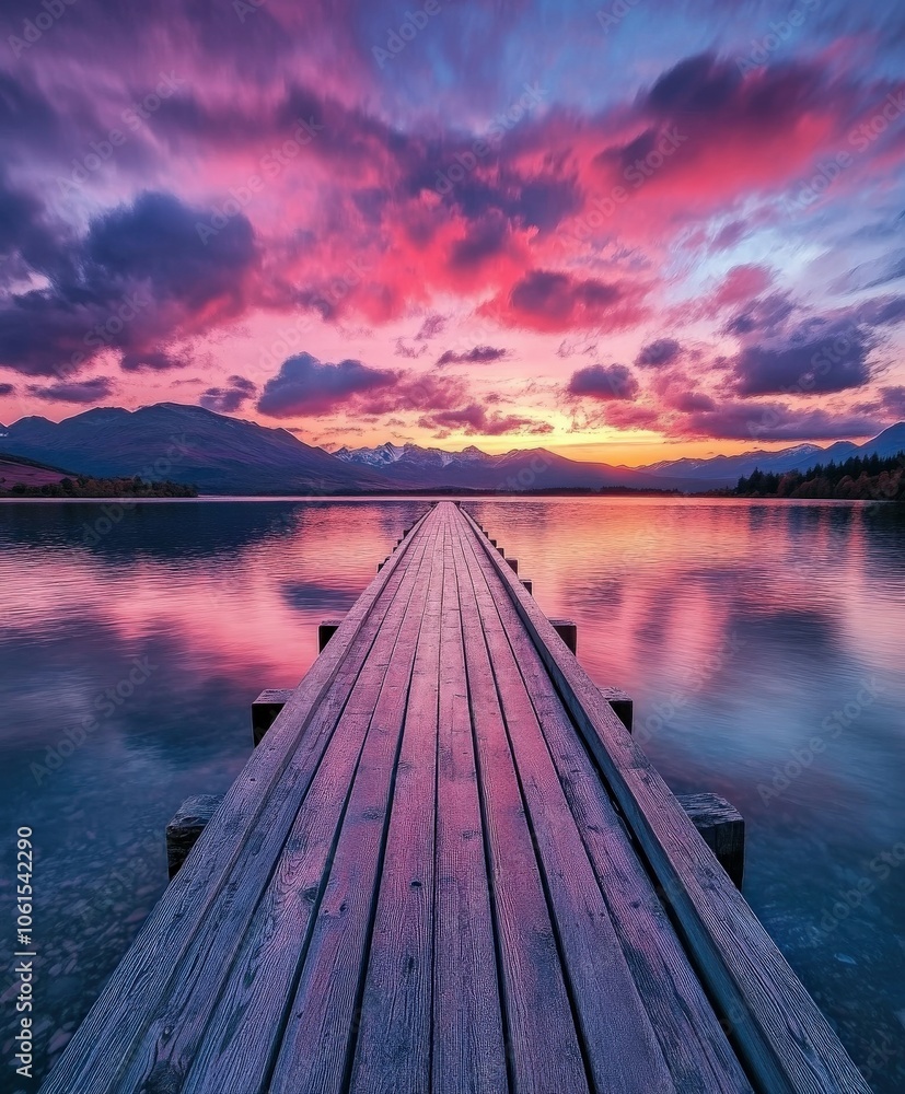 Obraz premium Serene sunset over a wooden pier stretching into a tranquil lake