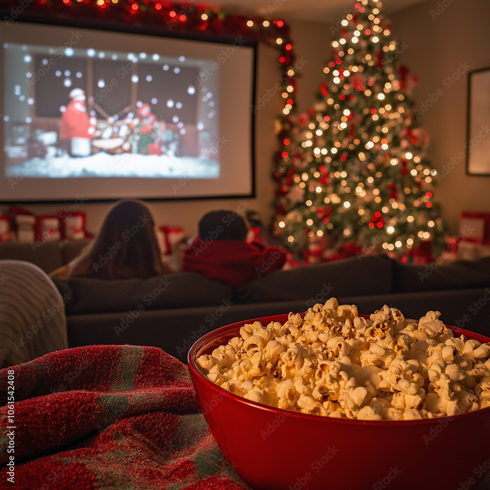 A group of friends enjoying a casual Christmas movie nigh A group of friends enjoying a casual Christmas movie nigh