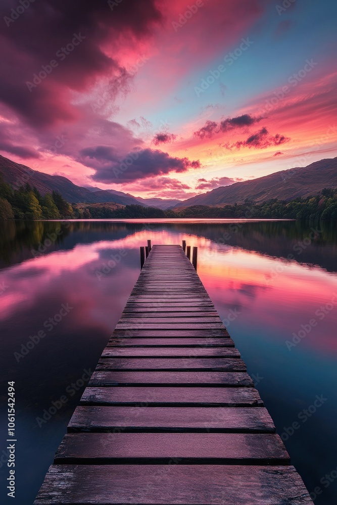 Naklejka premium A vibrant sunset reflecting on a peaceful lake with a wooden pier