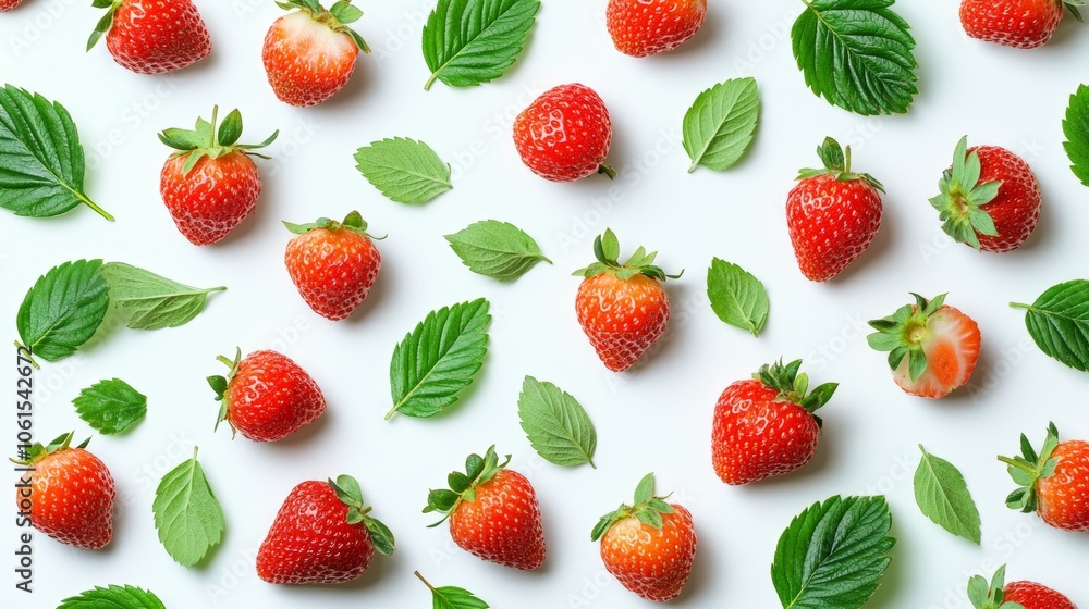 Fresh Strawberries and Mint Leaves Pattern on White Background Food Photography Fresh Strawberries and Mint Leaves Pattern on White Background Food Photography