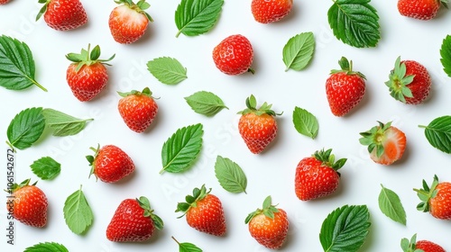 Fresh Strawberries and Mint Leaves Pattern on White Background Food Photography