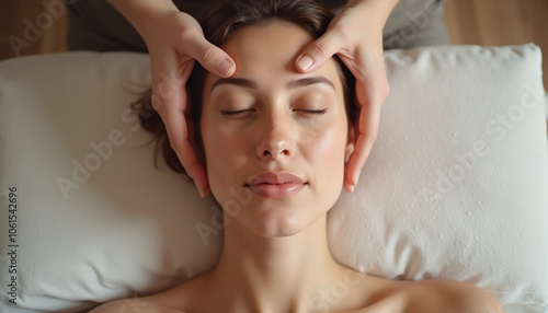 Woman receiving relaxing head massage in spa setting. Massage therapist at work. Relaxing massage session. Massage therapist with client. Spa massage therapy . Client receiving massage . Head massage