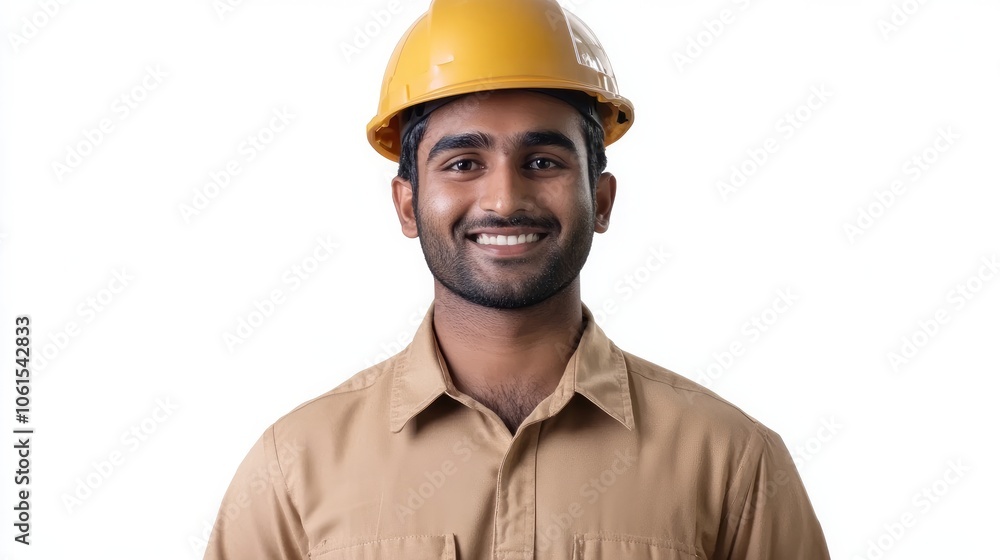 Handsome indian worker man wearing uniform and helmet isolated on white background smiling with happy face Handsome indian worker man wearing uniform and helmet isolated on white background smiling with happy face