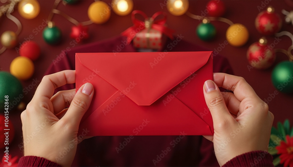 Hands holding red envelope with festive background with a Christmas photon . 
