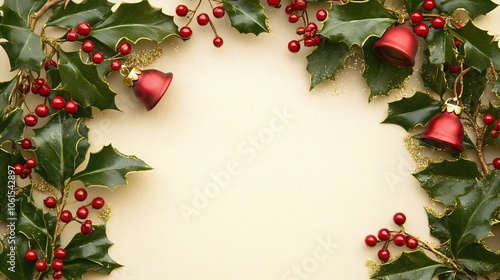 Mini jingle bells and holly leaves frame, isolated on a soft beige background with gold holiday sparkle