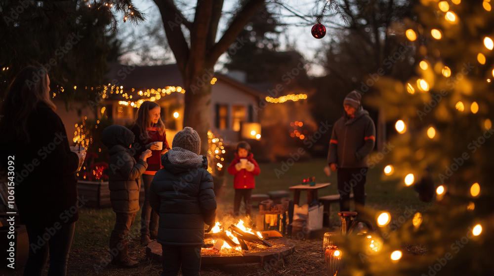 A neighborhood Christmas event in the evening A neighborhood Christmas event in the evening