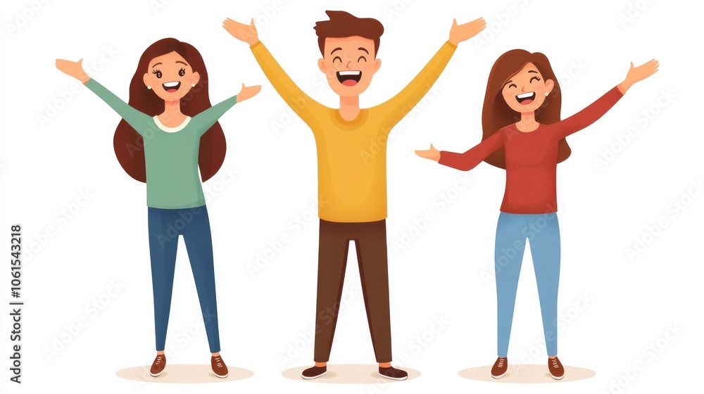 Fototapeta premium Happy three friends men and women isolated on white background